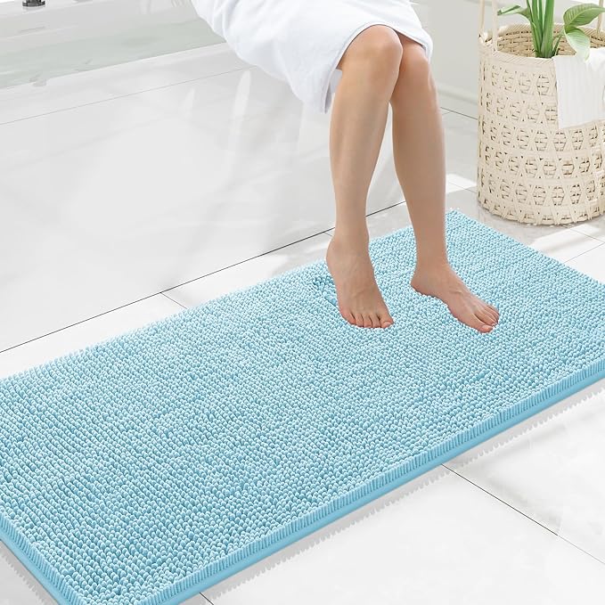 Smiry Luxury Chenille Bathroom Rugs 47x20, Extra Soft and Absorbent Shaggy Bath Mat, Machine Washable, Non-Slip Plush Carpet Runner for Tub, Shower, and Floor, Home Decor Accessories, Sky Blue by Smiry