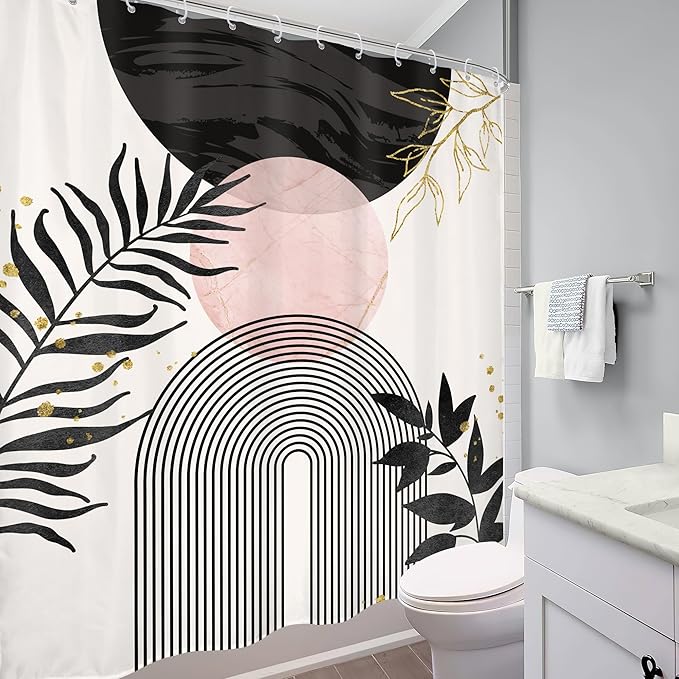 Black Pink Boho Shower Curtain Mid Century Modern Abstract Bohemian Minimalist Gold Leaves Sun Arch Geometric Plant 60Wx72H Bathroom Decor Neutral Bath Curtain Fabric Polyester 12 Pack Hooks - Image 4