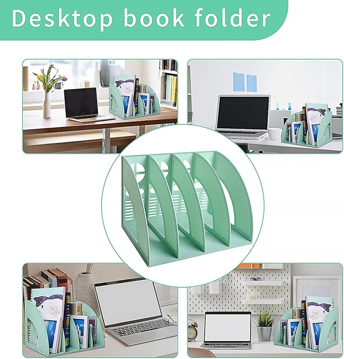 SAYEEC Sturdy Magazine Holder 4 Compartments Plastic Desktop File Organizer File Dividers Office Organizer Storage Document Magaizne Rack Display Box (Green) - Image 7