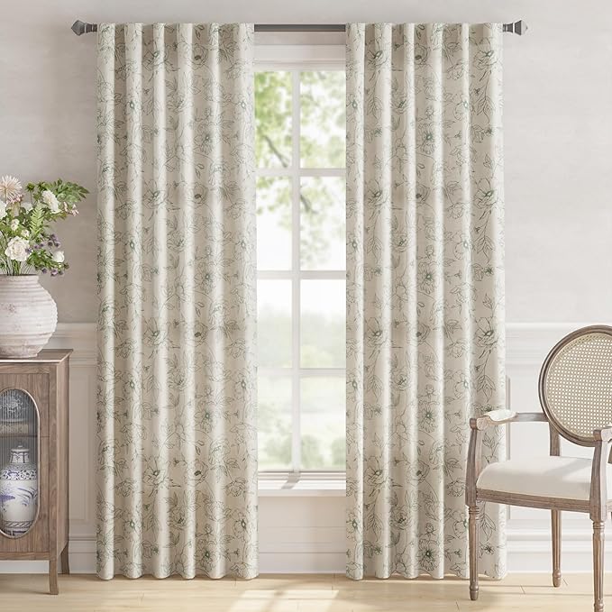 jinchan Floral Linen Curtains for Living Room 84 Inch Length Green Flower Curtain Rod Pocket Back Tab Farmhouse Curtains with Printed Floral Bedroom Window Curtain Set, 2 Panels Green - Image 2