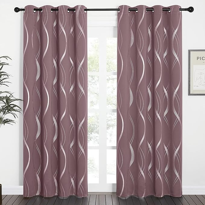 NICETOWN Dry Rose Blackout Curtain Panels 84 for Living Room and Bedroom 2 Panels, 52 x 84, Noise Reducing Thermal Insulated Wave Line Foil Print Design Window Treatments for Patio Sliding Glass Door - Image 2