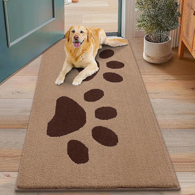 Smiry Dog Door Mat for Muddy Paws, Absorbs Moisture and Dirt, Low-Profile Entryway Mat with Non-Slip Backing, Entry Indoor Outdoor Doormat for Inside Floor (48x30 Inches, Beige, Paw) by Smiry