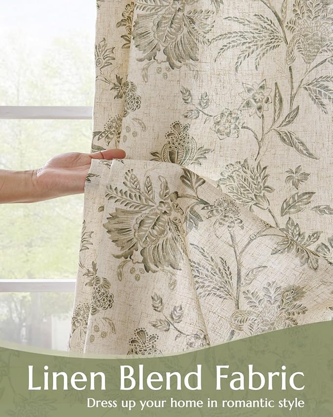 jinchan Lined Linen Floral Curtains for Living Room, 84 Inch Length Printed Flower Farmhouse Patterned French Country Back Tab Green Window Drapes Set Privacy Bedroom Curtains, 2 Panels - Image 2