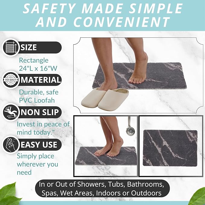 ENKOSI Loofah Non-Slip Shower and Bath Mat - Soft Cushioned Comfort - No Suction Cups for Smooth or Textured Tubs - Fast Draining - Safety for Bathroom, Family, Kids, and Elderly (24x16 Marble Black) - Image 3