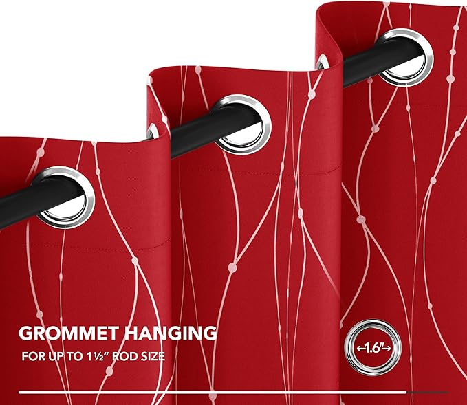 Deconovo Short Blackout Curtains, Christmas Red Curtain, Thermal Insulated Soundproof Drapes, Wave Line Dots Foil Print, 38 x 54 Inch, 2 Panels, Machine‑Washable Window Drape for Kitchen Small Window - Image 6
