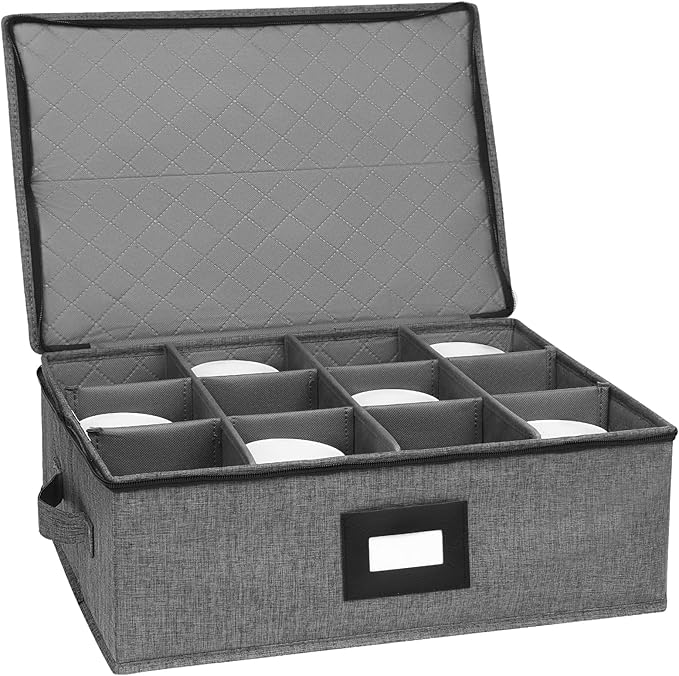 Mug Storage Box with Dividers, China Storage Containers for Tea Cups and Coffee Mugs with Zipper Lid and Rivet Reinforced Handles, Hard Shell and Stackable (Black) by Mayniu