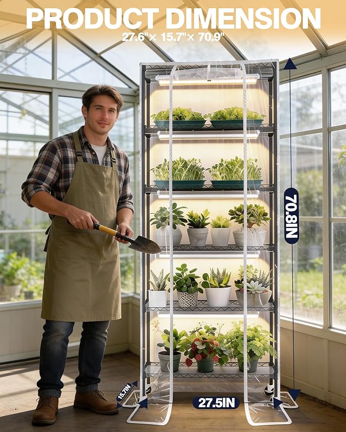 PYY Indoor Greenhouse with Grow Light - Heavy Duty 8 T8 3000K Grow Lights with 3 Color Modes, 6 Tier Plant Stand with Mechanical Timer, Thermometer and 4 Wheels for Planting (27.6"×15.7"×70.9" inch) - Image 6