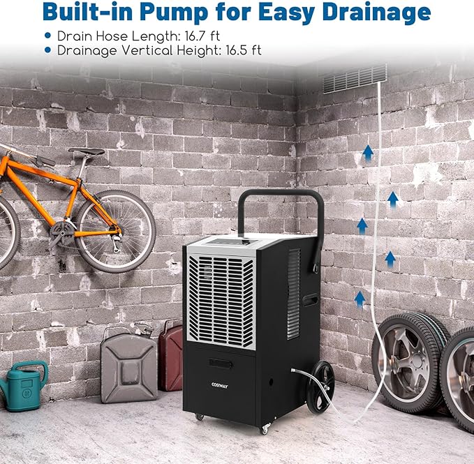 COSTWAY 163 Pints Commercial Dehumidifier, 4500 Sq.Ft Crawl Space Dehumidifier with Pump & Drain Hose, 24H Timer, for Basement, Warehouse, Job Site (White) - Image 2