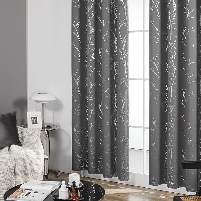 Deconovo Grey Blackout Curtains for Bedroom, Thermal Insulated Soundproof Drapes, Silver Branch Foil Print, 52 x 63 Inches Long, 2 Panels, Machine‑Washable Grommet Window Panel for Living Room Office - Image 4