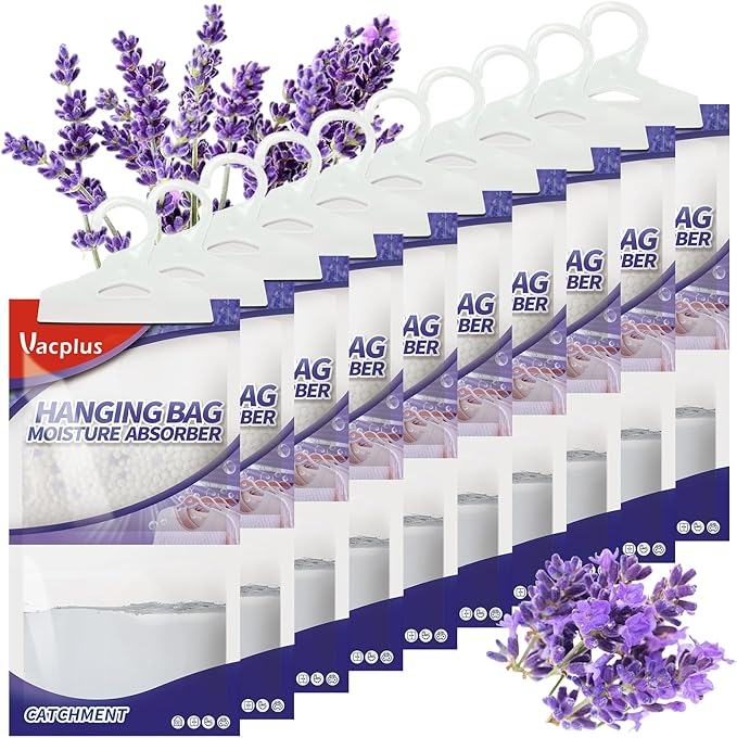 Vacplus Moisture Absorbers, Hanging Closet Dehumidifier Bags, Humidity Packs, Desiccant, Closet Dehumidifiers with Lavender Fragrance, 10 Pack, 9.8 OZ by Vacplus