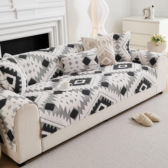 Boho Plush Couch Covers for Sofa Washable, Fuzzy Soft Couch Cover for Sectional Sofa, Non Slip Jacquard Sofa Cover Furniture Protector for Kids, Pets (Dark Grey,28"x82") - Image 4