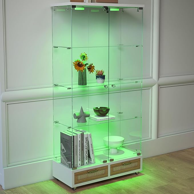 Yoluckea 4 Tier Glass Display Cabinet with LED Lighting and 2 Drawers, 2 Doors Floor Standing Curio Cabinet with Wheel for Home, Office, Corner Display, White Glass Bookshelf for Collections and Decor - Image 9