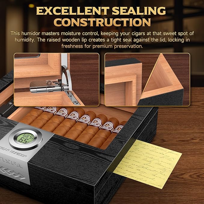 TISFA Cigar Humidor Box Cigar Accessories Set, Includes V Cutter, Straight Cutter, Hole Punch, Digital Hygrometer, Adjustable Humidifier, Divider, Cedar Wood Desktop Humidor Airtight Cigar Case - Image 4