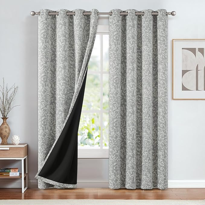 Vangao Grey 100% Blackout Curtains 84 Inches Long for Bedroom Flower Curtains for Living Room Grommet Thermal Insulated Farmhouse Vintage Window Drapes 2 Panels - Image 2