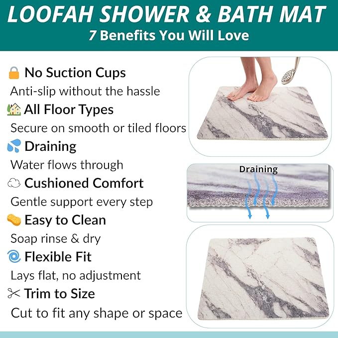 Enkosi Loofah Shower Mat Non Slip – Square Anti Slip Bath Mat for Inside Showers, Bathtub, Tub, Bathroom - Cushioned, Quick Dry PVC with Drain Holes - Secure Grip Safety Pad (Marble Grey 24x24) - Image 4