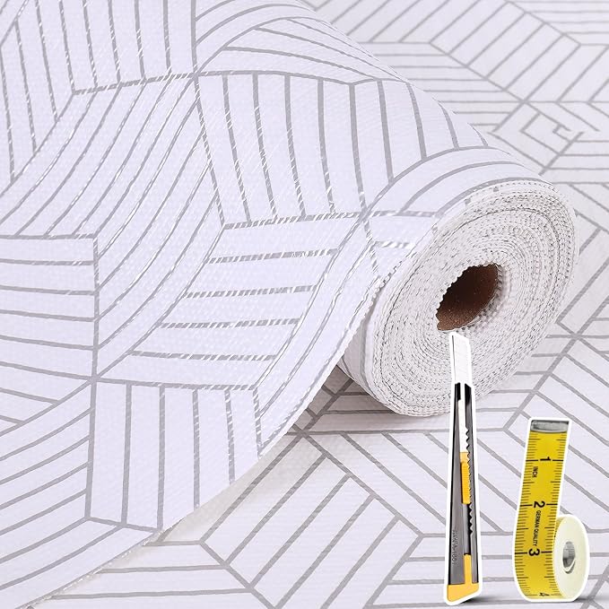 Shelf Liners for Kitchen Cabinets Non Adhesive Shelf Liner Paper Non-Slip Thickened Drawer Liner Easy to Clean for Tool Box Refrigerator with Knife and Tape Measure, Silver Geometric, 11.8 x 118 in by Oneoftheworld