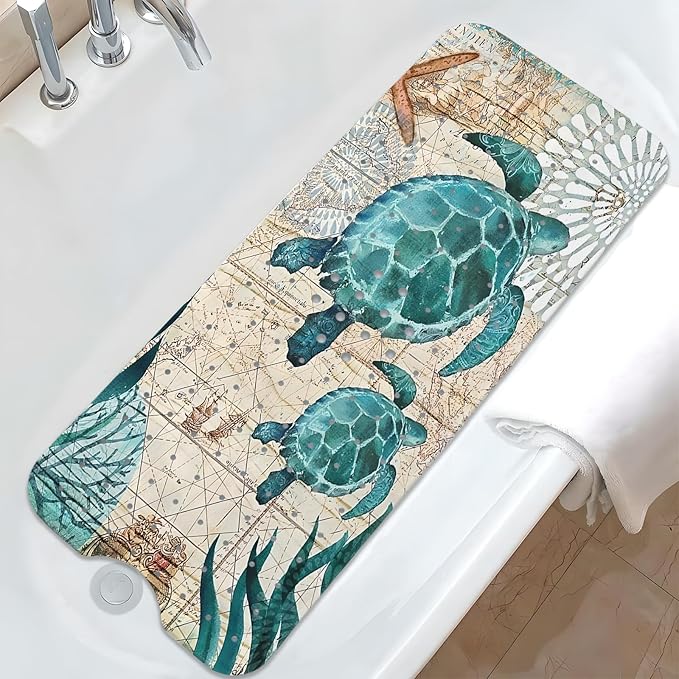 Sea Turtle Bathtub Mat Non Slip, Baby Bath Mat for Tub Rubber Tub Mat, Cute Kids Bath Mats for Bathroom Ocean Beach Anti Slip Shower Mat with Suction and Drain Holes Machine Washable, 40″X16″ by Unknown