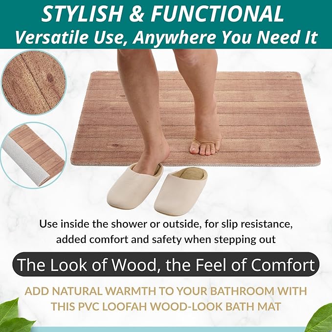 Enkosi Loofah Non-Slip Shower Mat - Shower Floors, Bathtub, Bathrooms, Wet Areas - Cushioned Bath Mat with Drain Holes - Quick Dry PVC, Secure Safety Pad Without Suction Cups (32x24 Teak Wood) - Image 5
