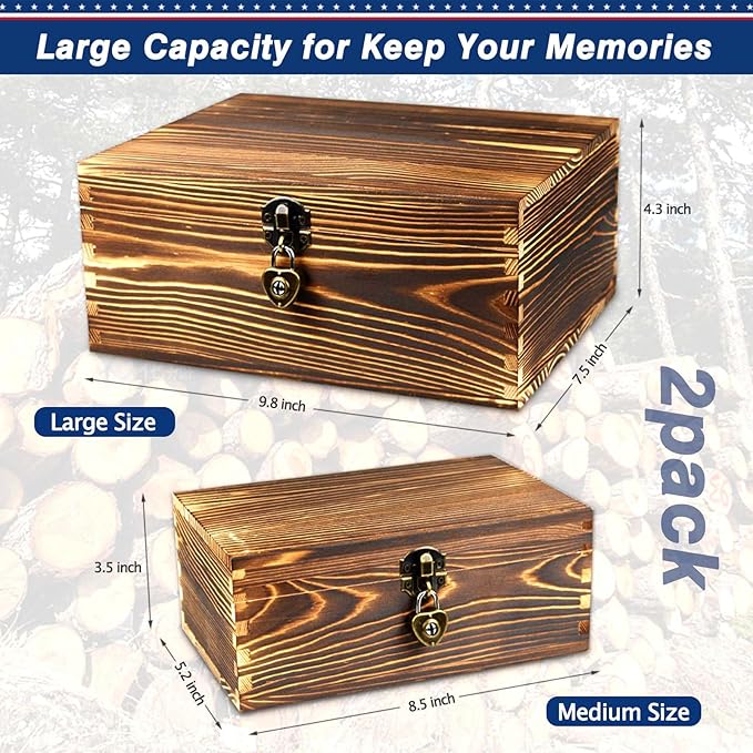 Wooden Box with Lock and Keys Hinged Lid Treasure Chest Memory Hobby Preservation Rustic Decorative Archival Organizer Jewelry Gadget Trinkets Keepsake Wood Storage Boxes 2 Pack Smokey Color - Image 5