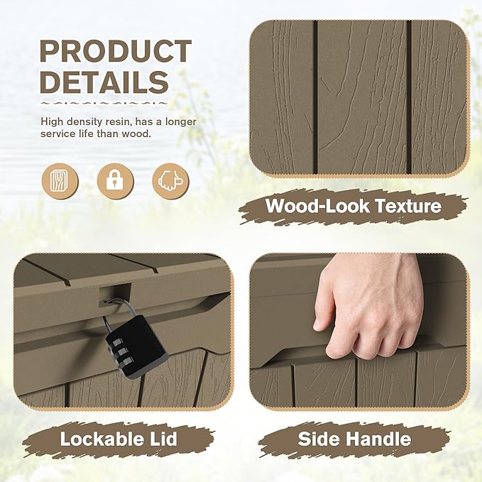 JUMMICO 31 Gallon Resin Deck Box Waterproof Indoor Outdoor Storage Boxes for Patio Furniture Cushions and Garden Tools (Light Brown, 31gallon-2 Packs) - Image 2