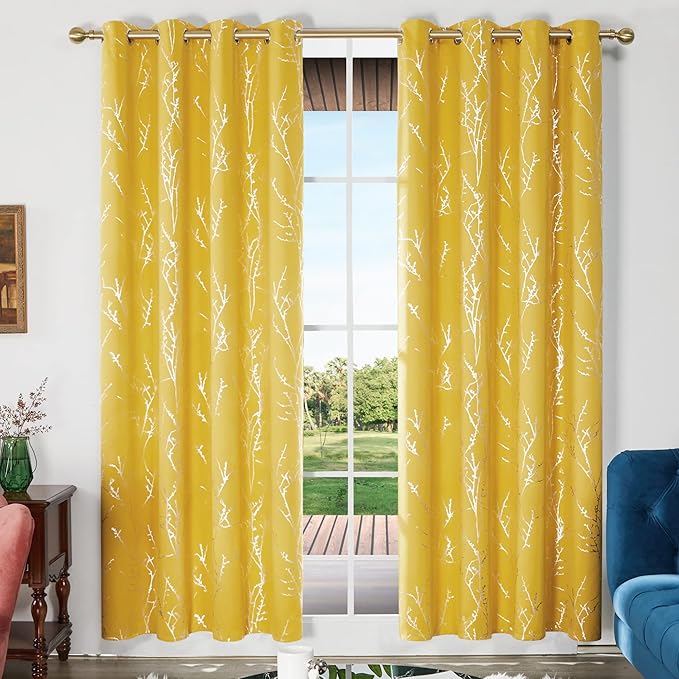 Deconovo Blackout Curtains Yellow, 52 x 84 Inch 2 Panels Set Drapes for Living Room, Modern Silver Tree Print Pattern, Thermal Insulated Soundproof Window Panel for Bedroom Office, Machine Washable - Image 2