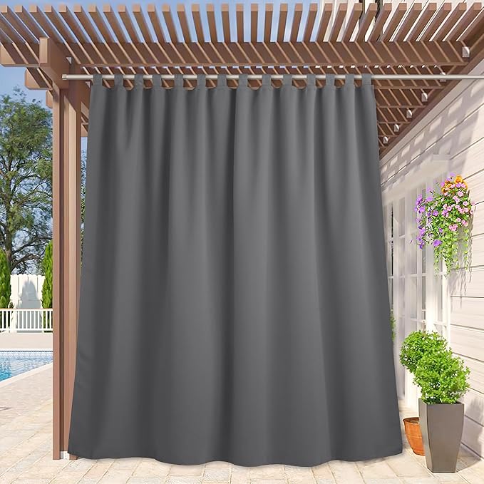 RYB HOME Extra Wide Outdoor Curtains for Patio Waterproof Tab Top Heavy Duty Thermal Insulated in Summer Full Coverage Privacy for Porch, Gazebo & Pergola, W100 x L95, Grey, 1 Panel by RYBHOME