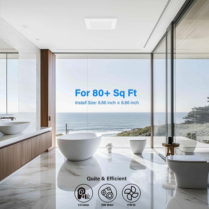 80CFM Bathroom Exhaust Fan with Grille: 20W Ceiling Mount Shower Ventilation Fan, 120V, White, Wet Rated, ETL Certified - Image 7