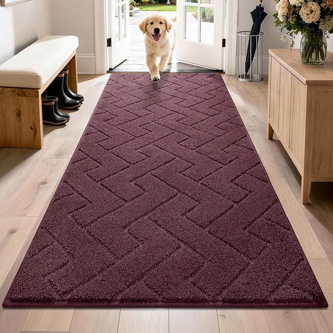 PURRUGS Dirt Trapping Door Mat 32" x 70", Non-Slip Machine Washable Entry Rug, Dog Doormat, Indoor Front Door Mat, Super Absorbent Entryway Rug for Muddy Shoes & Paws, Burgundy Red by PURRUGS