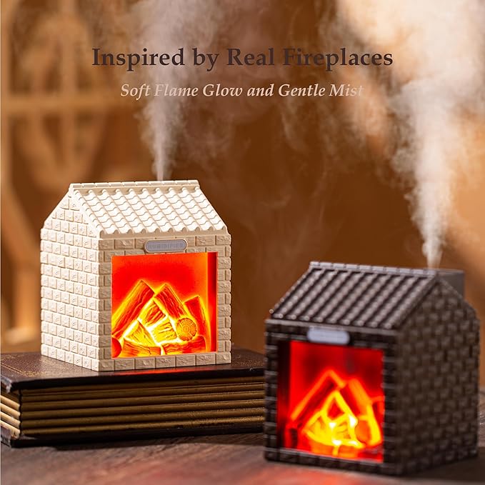 Mini Fireplace Cool Mist Humidifier with Flame Light, USB Powered, Auto Shut-Off, Portable for Bedroom Office Travel, 200ml, Beige - Image 2