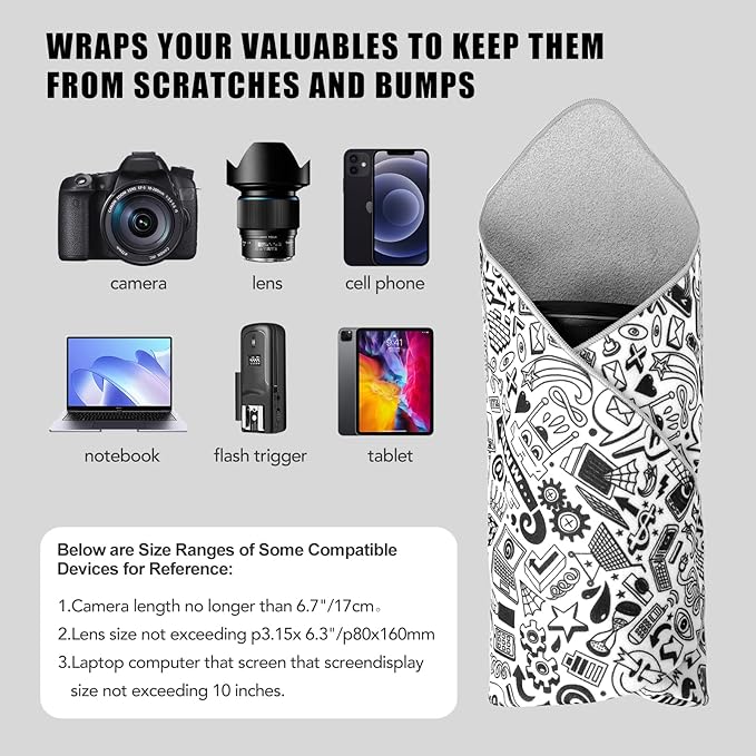 15 in Camera Wrap with Pouch,Lens Protective Wrap,Anti-scratch Anti-dust, Flexible Wrapper Camera Travel Accessories for DSLR Mirrorless Camera Lens(Graffiti), 11.8, Black-White - Image 4