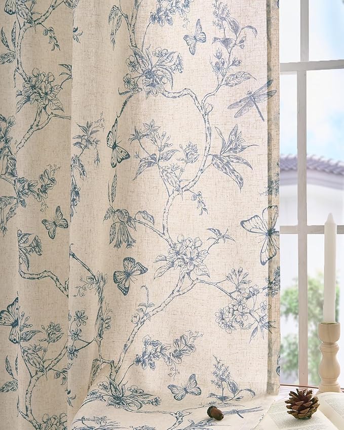 jinchan Floral Linen Curtains for Living Room 84 Inch Length Butterfly Curtain Blue Floral Curtains French Country Farmhouse Curtain Flower Patterned Drapes Window Treatment Set 2 Panels - Image 9