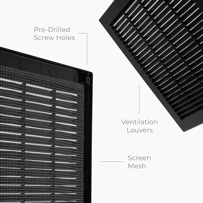 2-Pack 12" x 12" (Outer Size) Square Air Vent Cover – Black Plastic Vent Deflector - Screen Mesh, Surface Mount Wall Ceiling – Cold Air Return Soffit Air Vent Cover - Register Indoor Outdoor - Image 7