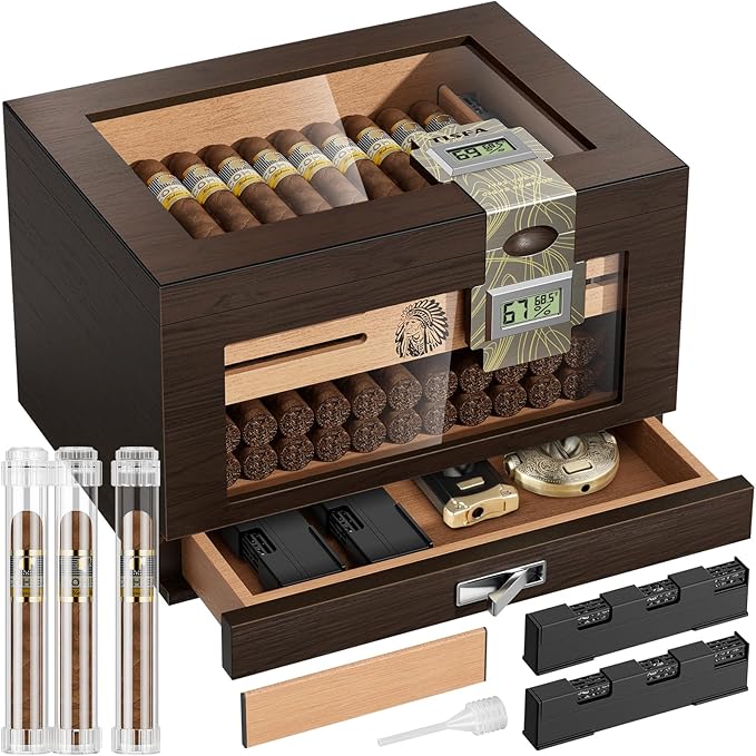 TISFA Cigar Humidor Cedar Wood Cigar Box with 2 Digital Hygrometer, 2 Humidifiers, Cedar Tray, Divider, Accessory Drawer, Glass Top Large Desktop Humidors and Acrylic Travel Cigar Tube Gifts Set by TISFA