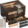 TISFA Cigar Humidor Cedar Wood Cigar Box with 2 Digital Hygrometer, 2 Humidifiers, Cedar Tray, Divider, Accessory Drawer, Glass Top Large Desktop Humidors and Acrylic Travel Cigar Tube Gifts Set by TISFA