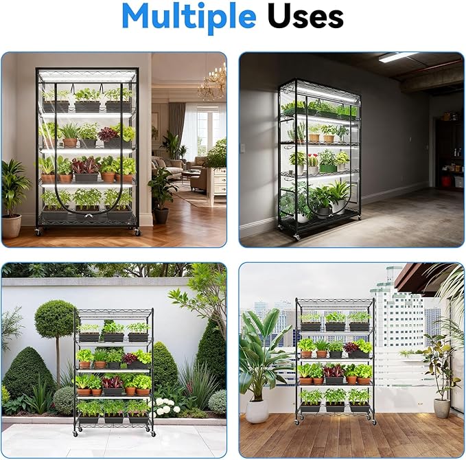 JESLED Indoor Greenhouse with Grow Light, 3FT Full Spectrum 5000K LED Light for Seed Starting, Tiered Lighting Control, Built-in Timer & Thermo-Hygrometer, Rolling Metal Plant Stand (35.4x13.8x70IN) - Image 9