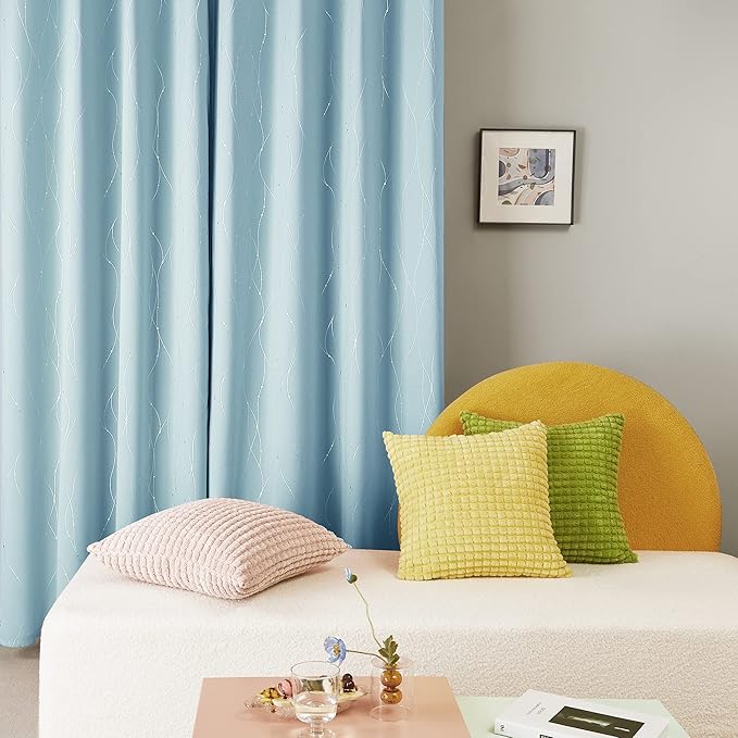 Deconovo Blackout Curtains, Thermal Insulated Soundproof Grommet Drapes, Wave Dot Foil Print, 42 x 72 Inch, Set of 2, Machine Washable Window Panel for Bedroom Living Room Nursery Kitchen, Light Blue - Image 3