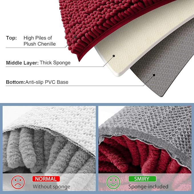 Smiry Luxury Chenille Bathroom Rugs 47x24, Extra Soft and Absorbent Shaggy Bath Mat, Machine Washable, Non-Slip Plush Carpet Runner for Tub, Shower, and Floor, Home Decor Accessories, Red - Image 5
