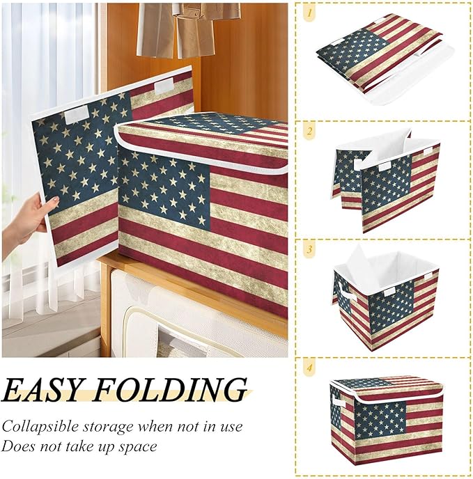 xigua American Flag Storage Bins with Lids and Carrying Handle,Foldable Storage Boxes Organizer Containers Baskets Cube with Cover for Home Bedroom Closet Office - Image 4