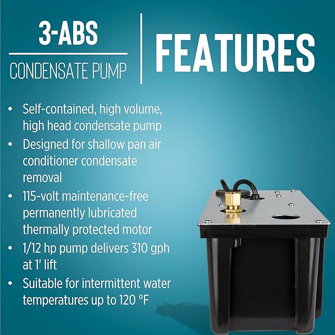 Little Giant 3-ABS 1/12 HP, 115 Volt, 310 GPH Automatic Shallow Pan Condensate Removal Pump with Condensate Collection Tank, Black/Blue, 551320 - Image 3