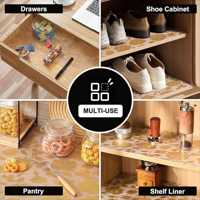 INNOLITES Shelf Liner for Cabinets, Non-Adhesive for Kitchen Drawer Liner, Waterproof Shelf Paper with Floral Pattern, Durable Easy to Clean (Golden Rose, 23.6" x 360") - Image 9