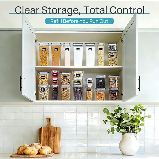 Airtight Food Storage Containers with Lids, Vtopmart 24 pcs Plastic Kitchen and Pantry Organization Canisters for Cereal, Dry Food, Flour and Sugar, BPA Free, Includes 24 Labels，Black - Image 7