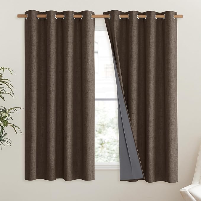 NICETOWN Coffee Vintage Linen 100% Blackout Curtains for Living Room, Thermal Insulated Curtains 48" Long, Noise Reducing Window Treatment Drapes for Hall Room, 52" Wide Per Panel, Set of 2 - Image 2