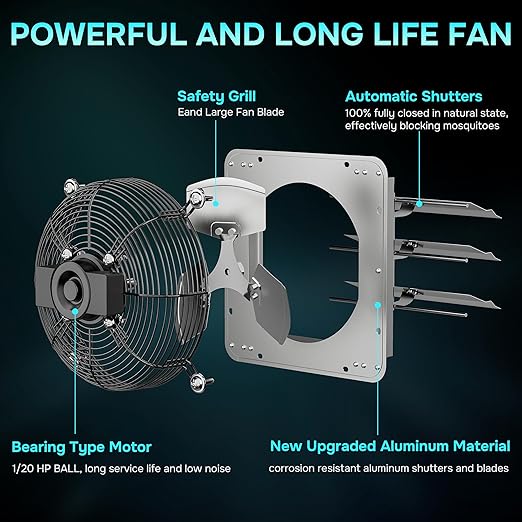 Simple Deluxe 20 Inch Wall Mounted Shutter Exhaust Fan, Aluminum, 1200 RPM, 3368 CFM, for Attic, Garage, Louvered Vent, Plant, Greenhouse, Silver - Image 4