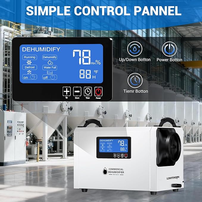 LDHTHOPI 145 Pint Commercial Dehumidifier with Drain Hose for Crawl Spaces Basements Industry Water Damage Unit Restoration, Up to 6000 Sq.Ft, Auto Defrost, Memory Starting(Gift Directional Wheels) - Image 3