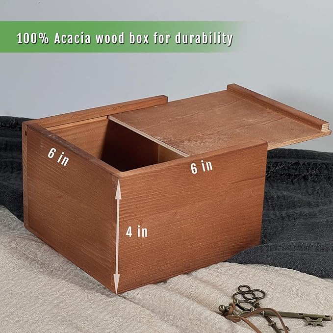 Wooden Keepsake Box with Slide Lid, 6x6x4 Inch Square Wood Storage Box for Jewelry, Photos, Memorabilia, Handmade Decorative Memory Box for Home, Wedding, Gifts - Image 2