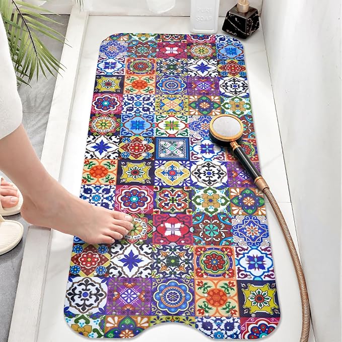 Boho Bathtub Mat Non Slip, Vintage Bath Tub Mat Baby Bath Mats for Bathroom Anti Slip Shower Mats for Inside Shower, Colorful Floral Bathmat with Suction and Drain Holes Machine Washable, 40″x16″ - Image 7
