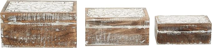 Deco 79 Wood Floral Handmade Decorative Box Decorative Keepsake Boxes with Hinged Lid, Set of 3 Storage Boxes 12", 11", 9"W, Brown - Image 8