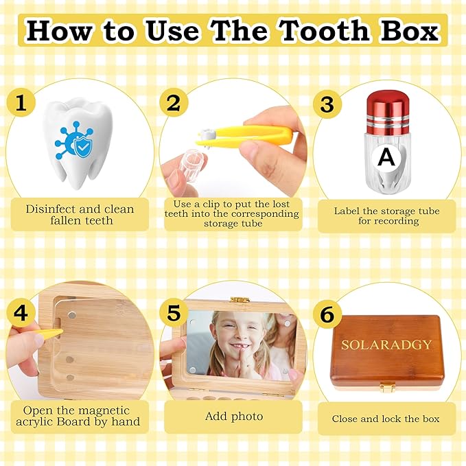 Wooden Tooth Fairy Keepsake Box for Kids, Baby Teeth Storage Organizer with 16 Sealed Plastic Tubes, Tweezers & Label Paper for Lost Teeth Collection - Image 4