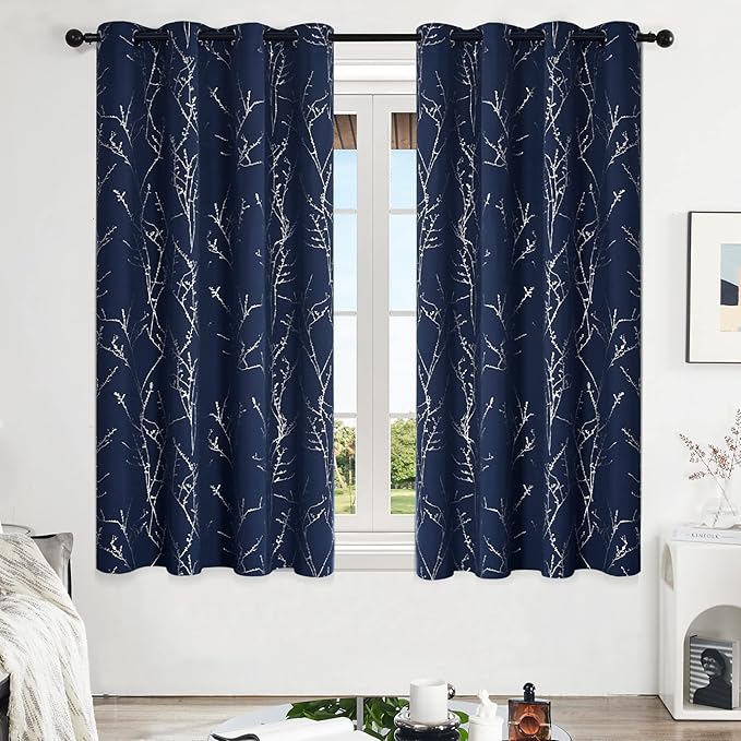 Deconovo Blackout Curtains, Navy Blue Curtain, Thermal Insulated Soundproof Drapes, Branch Silver Print, 52 x 63 Inch Long, Machine Washable Grommet Panels for Bedroom Living Room Office, Set of 2 - Image 2