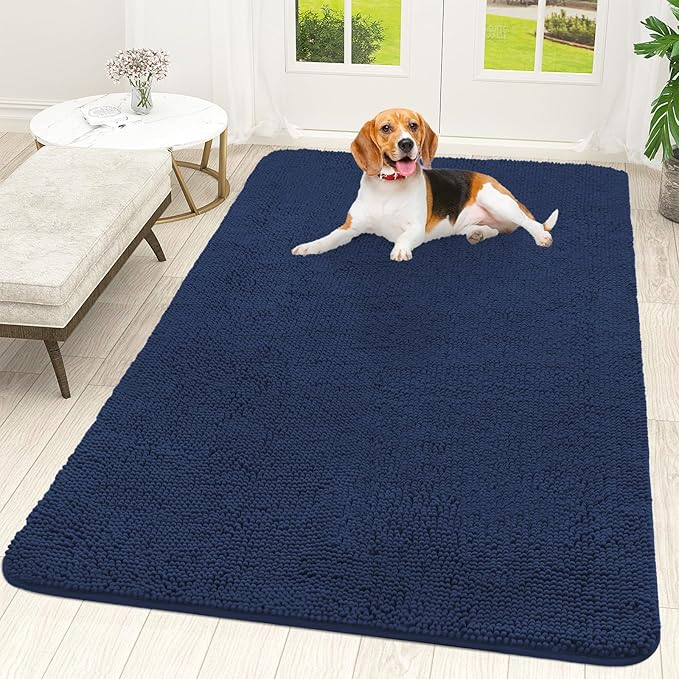 OLANLY Dog Door Mat for Muddy Paws 59x35, Absorbs Moisture and Dirt, Absorbent Non-Slip Washable Doormat, Quick Dry Chenille Mud Mat for Dogs, Entry Indoor Entryway Carpet for Inside Floor, Dark Blue by OLANLY